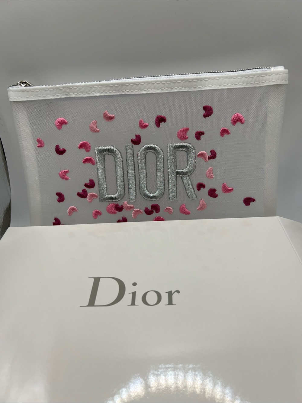 Dior White Cosmetic Pouch with Pink Embroidered Confetti